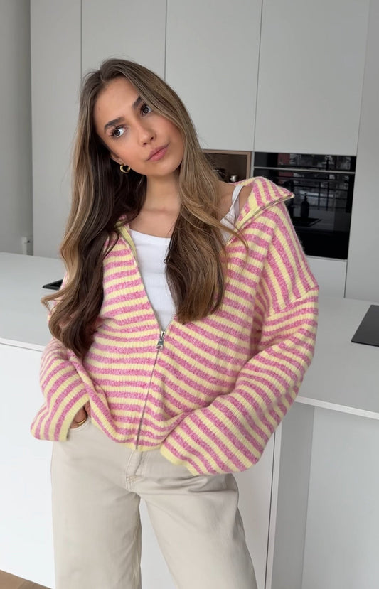 STRIPED ZIP KNIT CARDIGAN PEACH