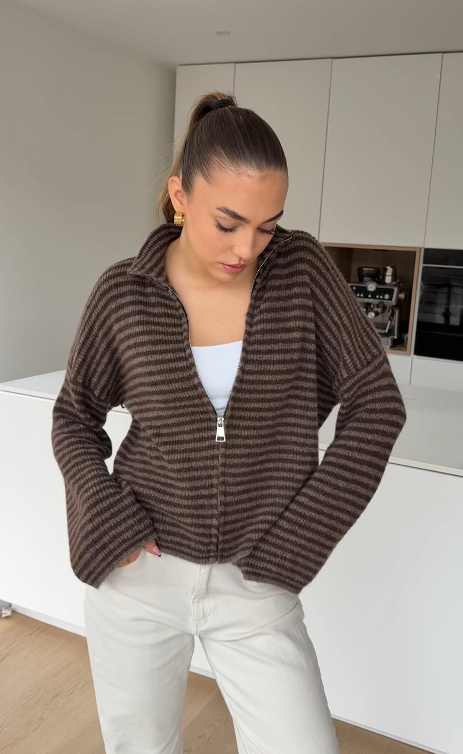 Striped Zip Knit Cardigan Taupe