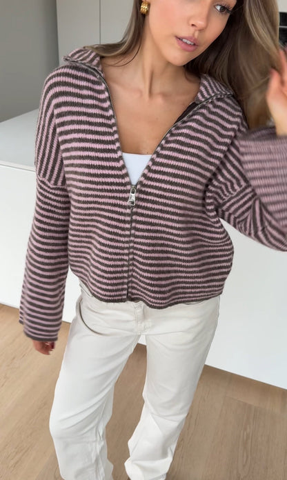 STRIPED ZIP KNIT CARDIGAN BERRY