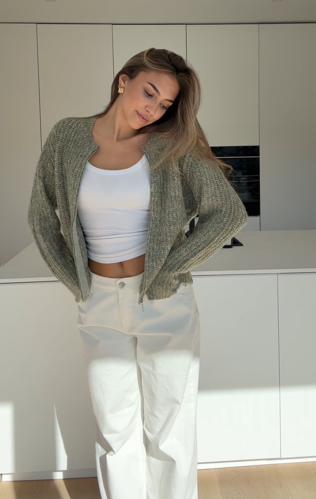 ZIP KNIT CARDIGAN SAGE