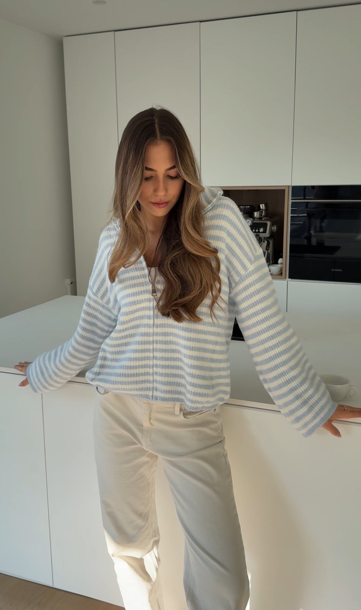 STRIPED ZIP KNIT CARDIGAN SOFT BLUE