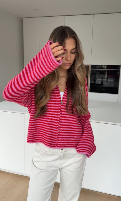 STRIPED ZIP KNIT CARDIGAN CHERRY