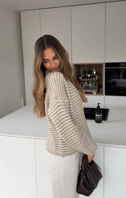 STRIPED ZIP KNIT CARDIGAN CREAM