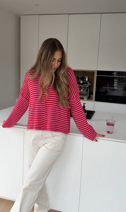 STRIPED ZIP KNIT CARDIGAN CHERRY