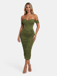 Faux Corset Ruched Bodycon Cocktail Midi Dress