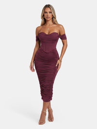 Faux Corset Ruched Bodycon Cocktail Midi Dress