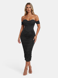 Faux Corset Ruched Bodycon Cocktail Midi Dress