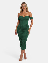 Faux Corset Ruched Bodycon Cocktail Midi Dress