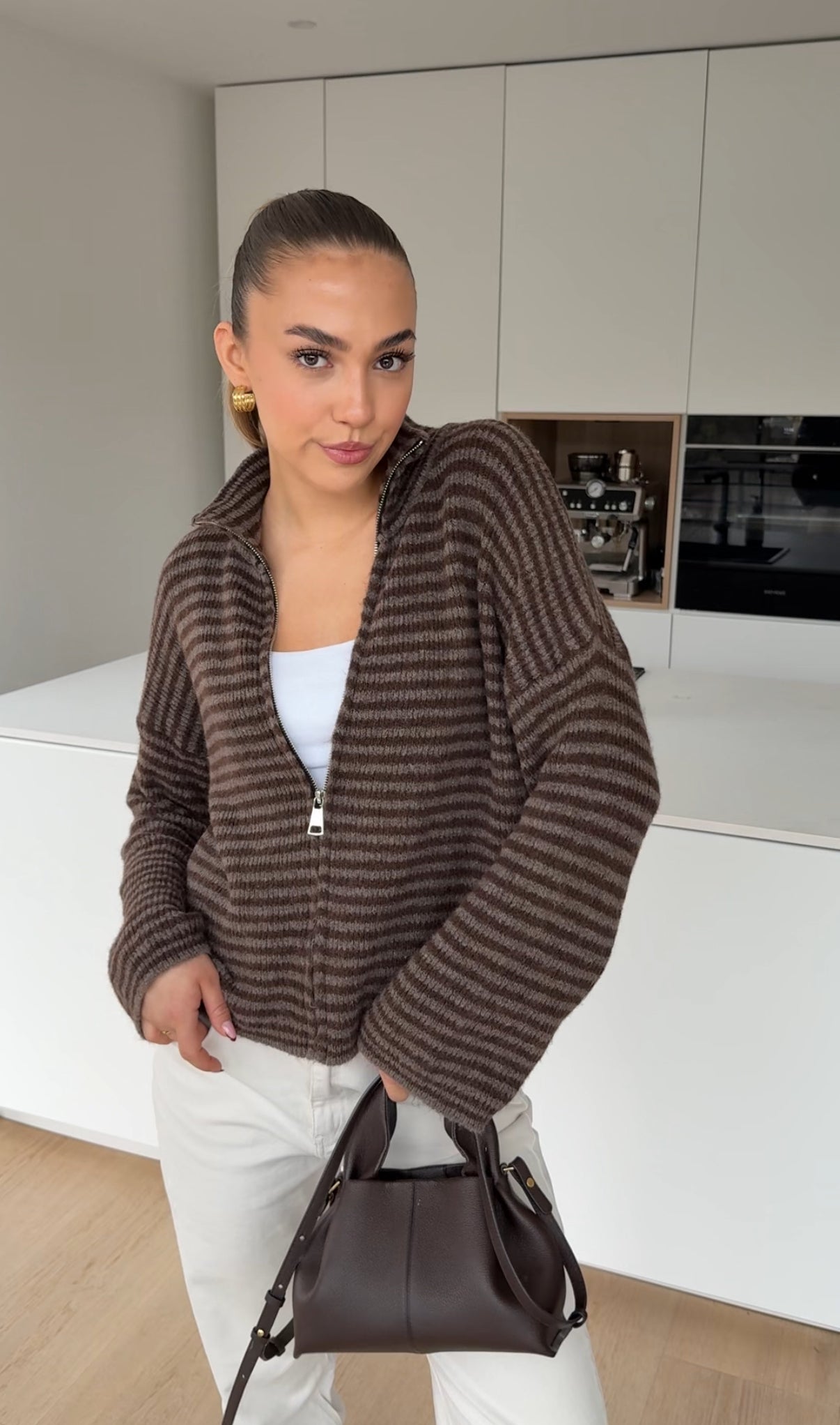 STRIPED ZIP KNIT CARDIGAN TAUPE