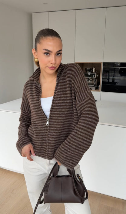 STRIPED ZIP KNIT CARDIGAN TAUPE