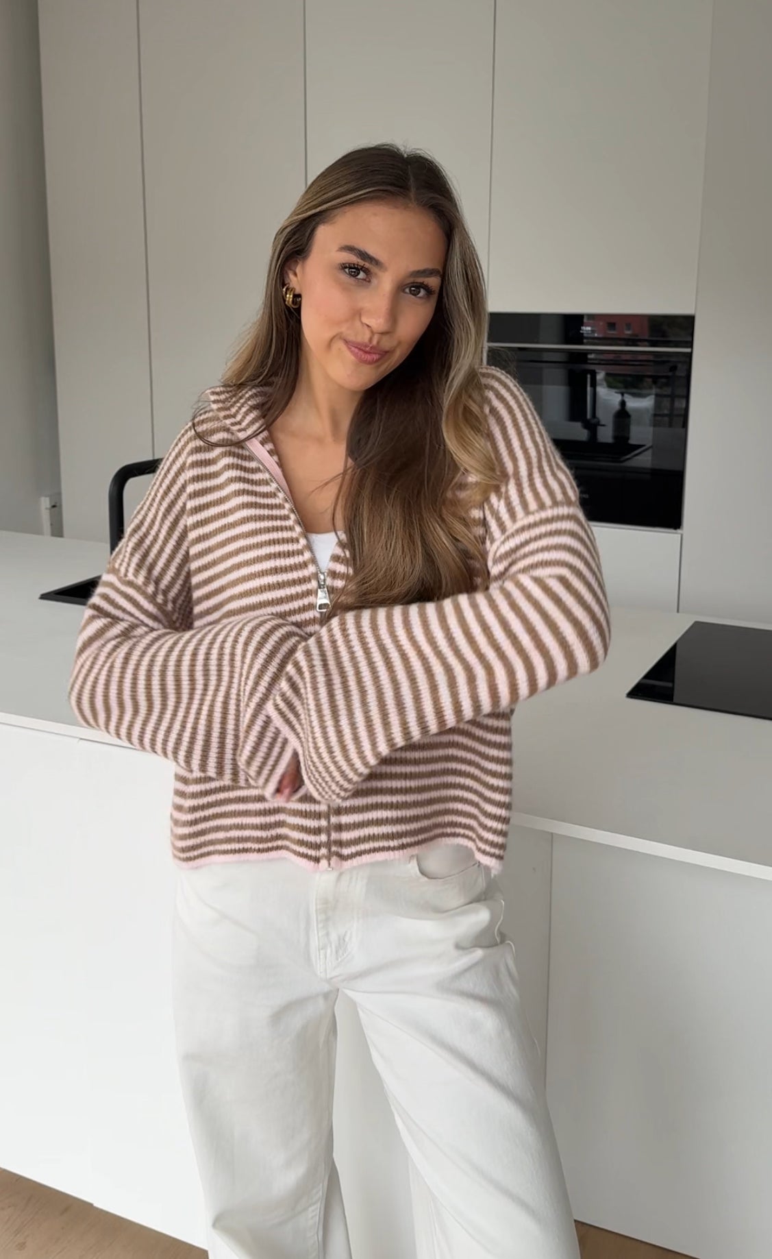 STRIPED ZIP KNIT CARDIGAN CREAMY ROSE