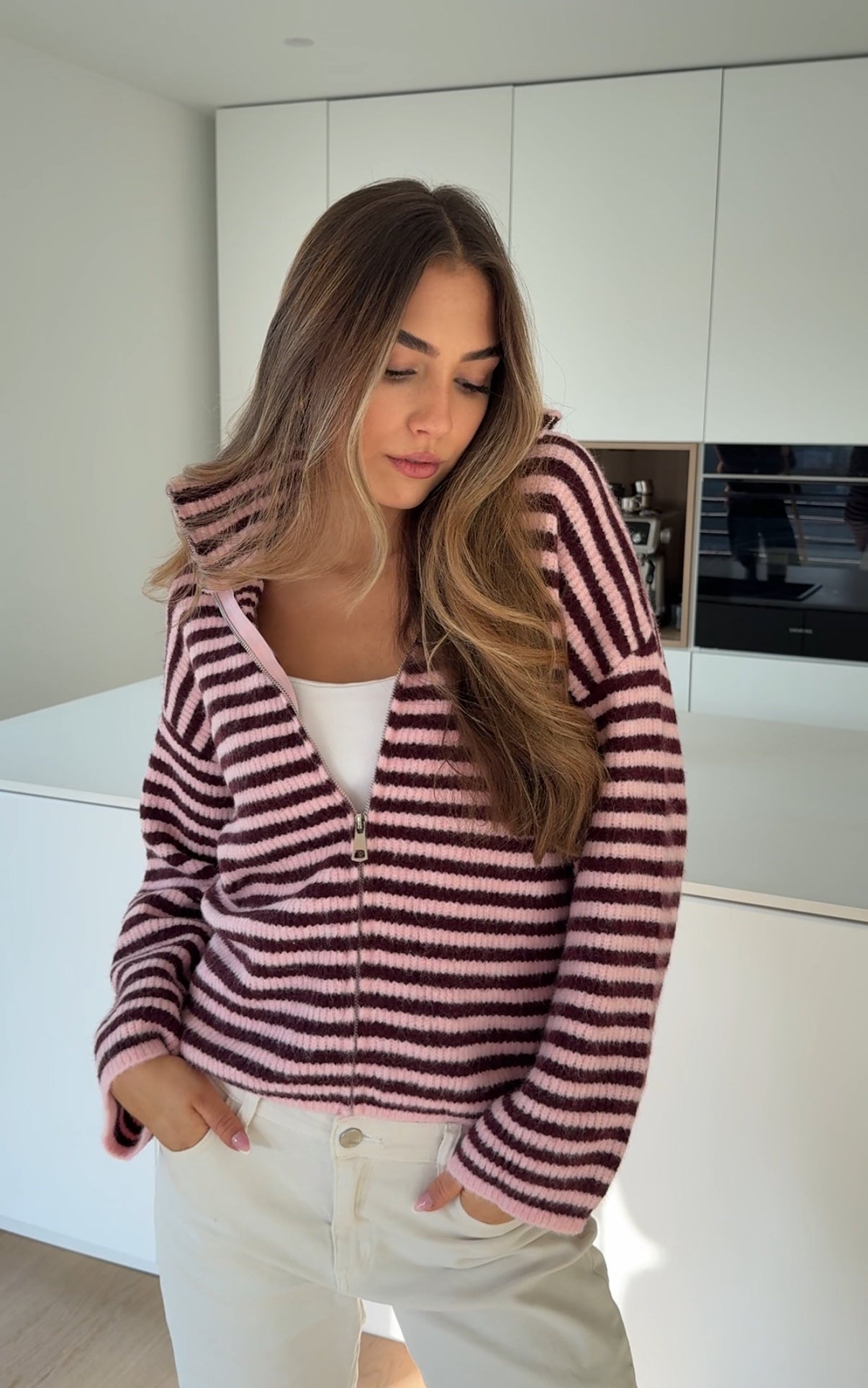 STRIPED ZIP KNIT CARDIGAN BURGUNDY