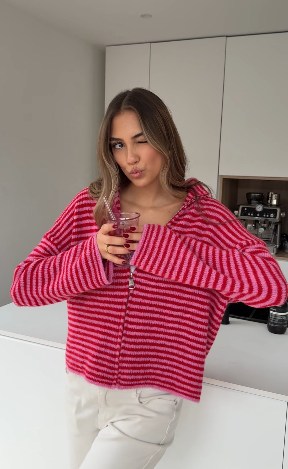 STRIPED ZIP KNIT CARDIGAN CHERRY