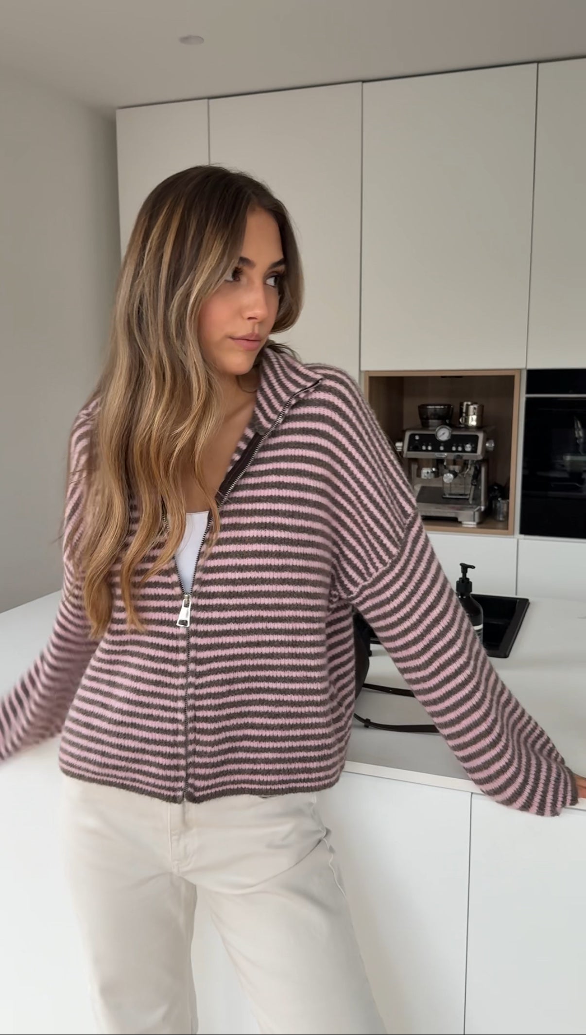 STRIPED ZIP KNIT CARDIGAN BERRY