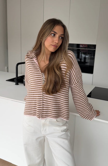STRIPED ZIP KNIT CARDIGAN CREAMY ROSE