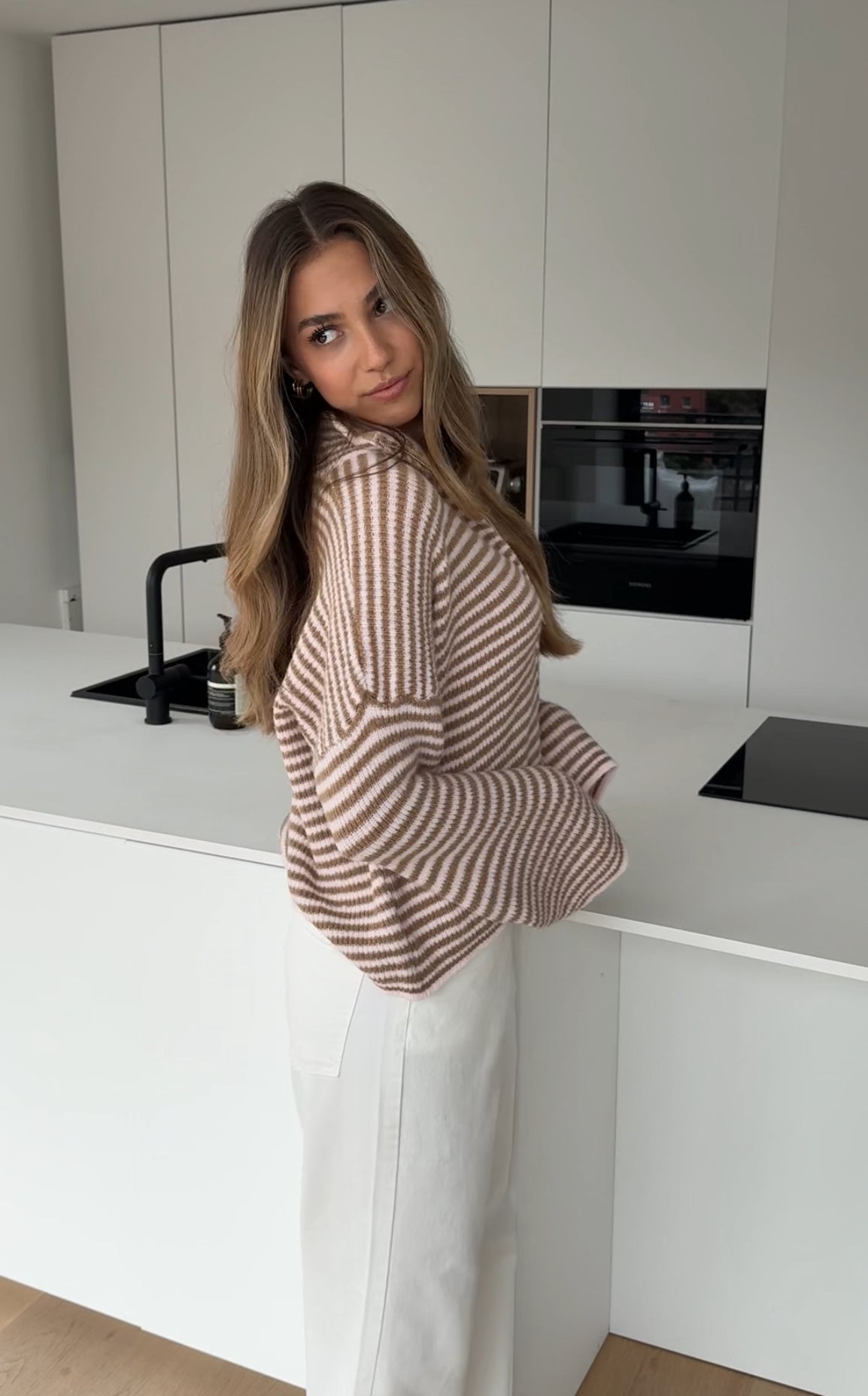 STRIPED ZIP KNIT CARDIGAN CREAMY ROSE