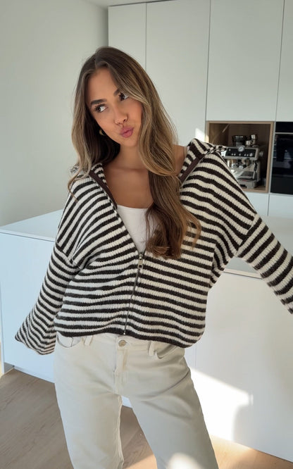 STRIPED ZIP KNIT CARDIGAN CHOCOLATE