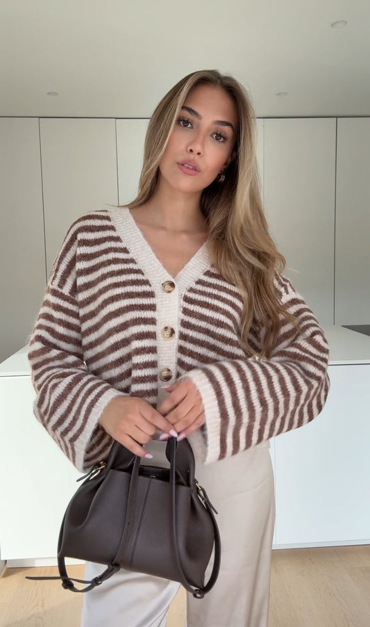 STRIPED V-NECK CARDIGAN CINNAMON