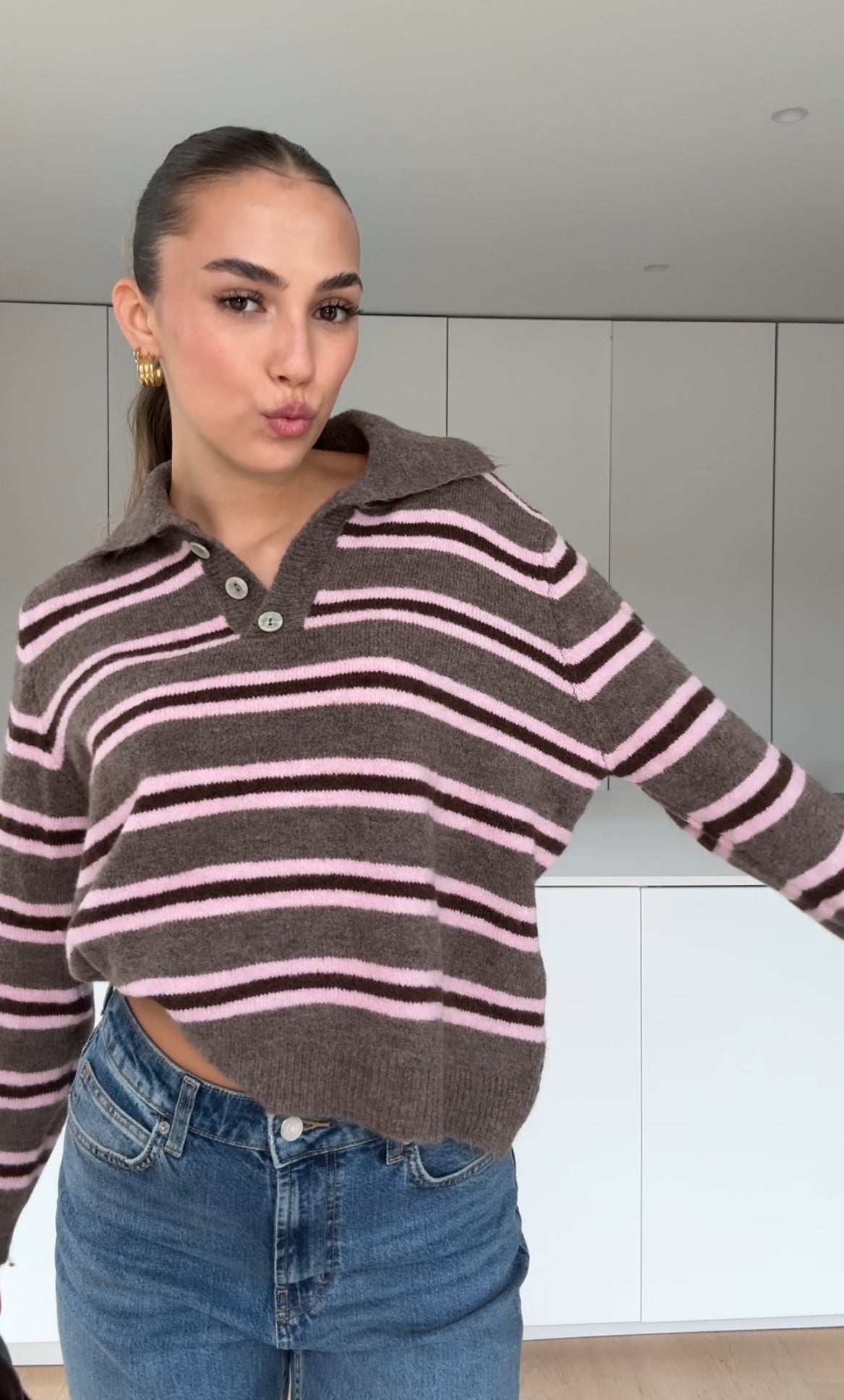 STRIPED KNIT POLO BLUSH CHOCOLATE