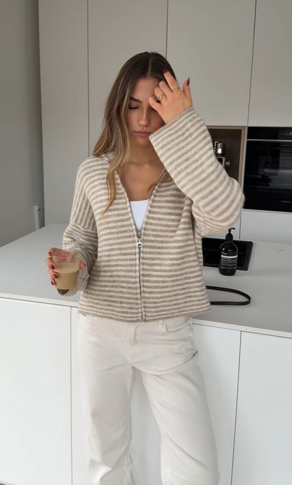 STRIPED ZIP KNIT CARDIGAN CREAM