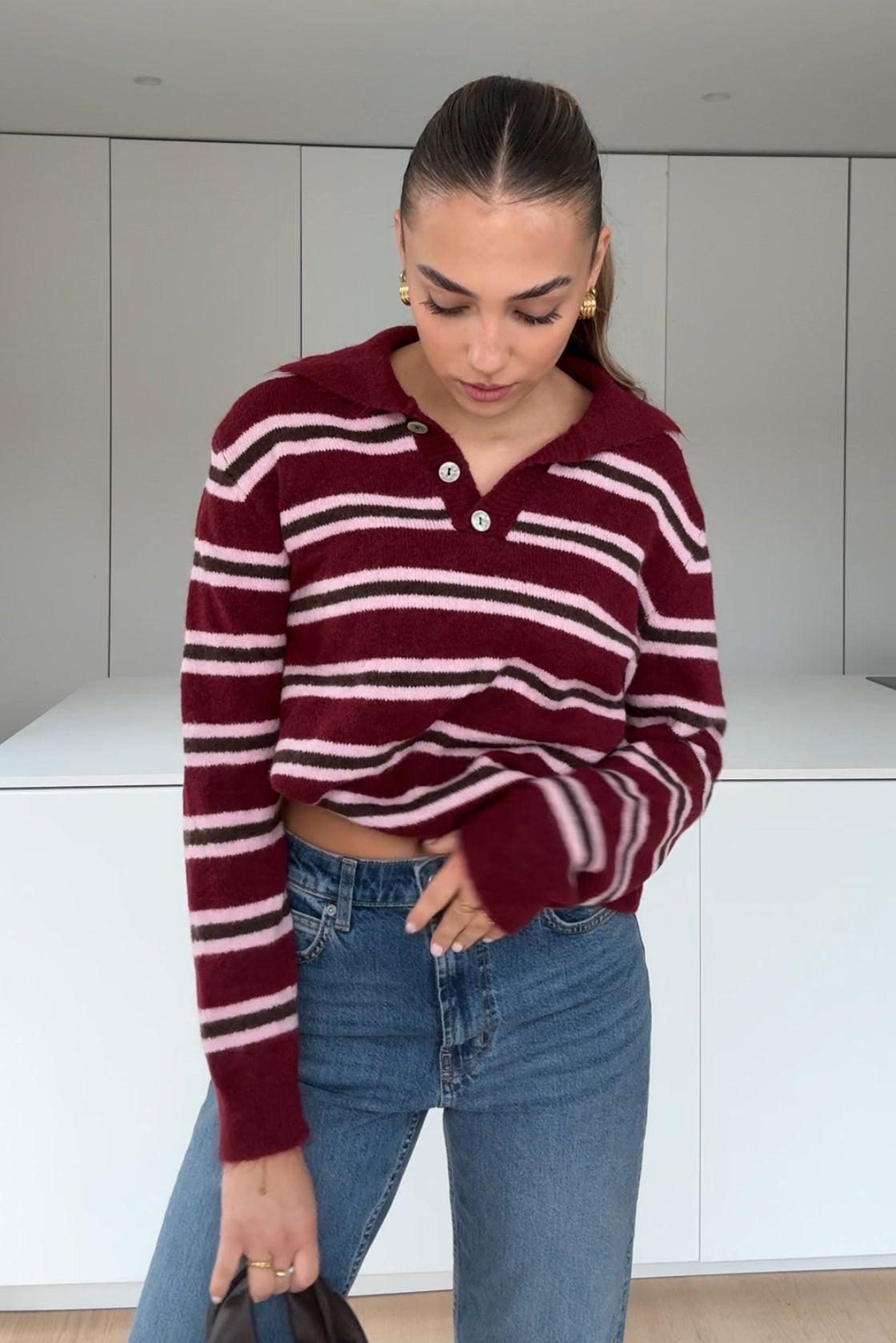 STRIPED KNIT POLO CHERRY RED