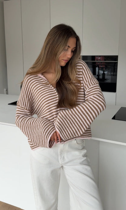 STRIPED ZIP KNIT CARDIGAN CREAMY ROSE