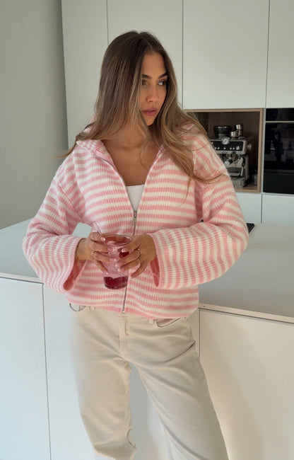 STRIPED ZIP KNIT CARDIGAN COTTON