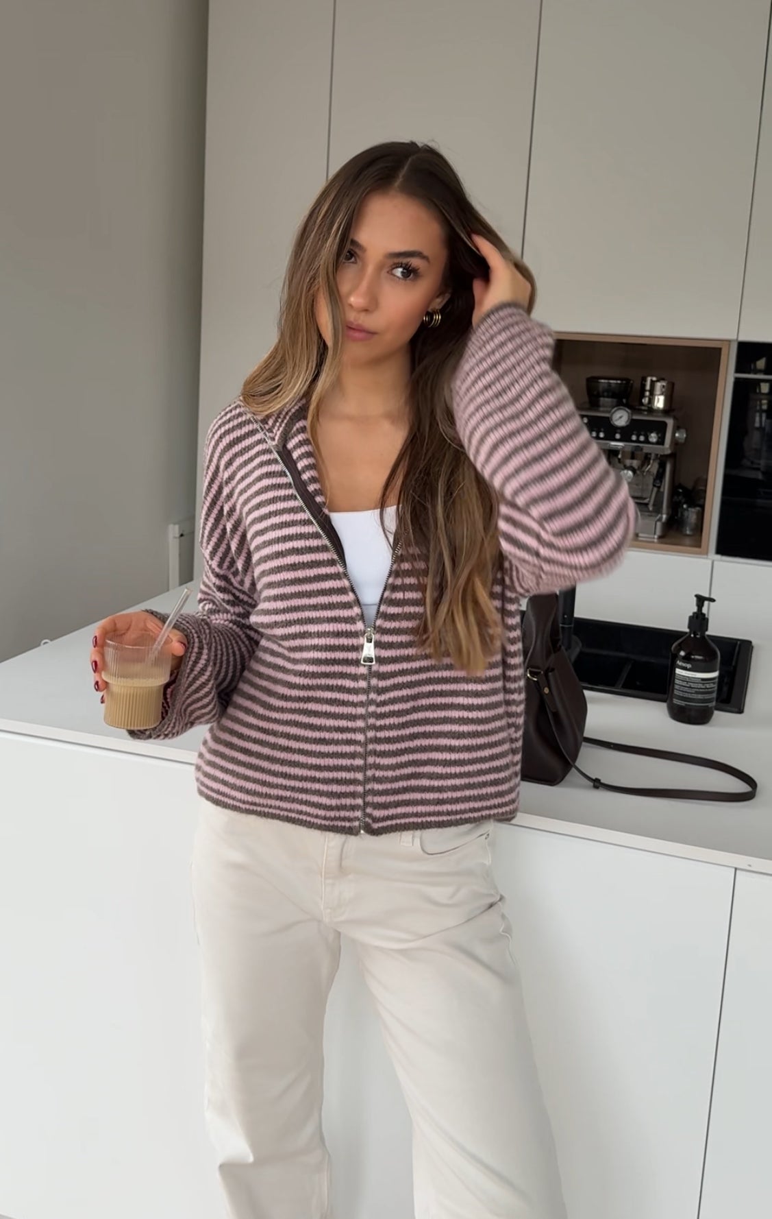 STRIPED ZIP KNIT CARDIGAN BERRY