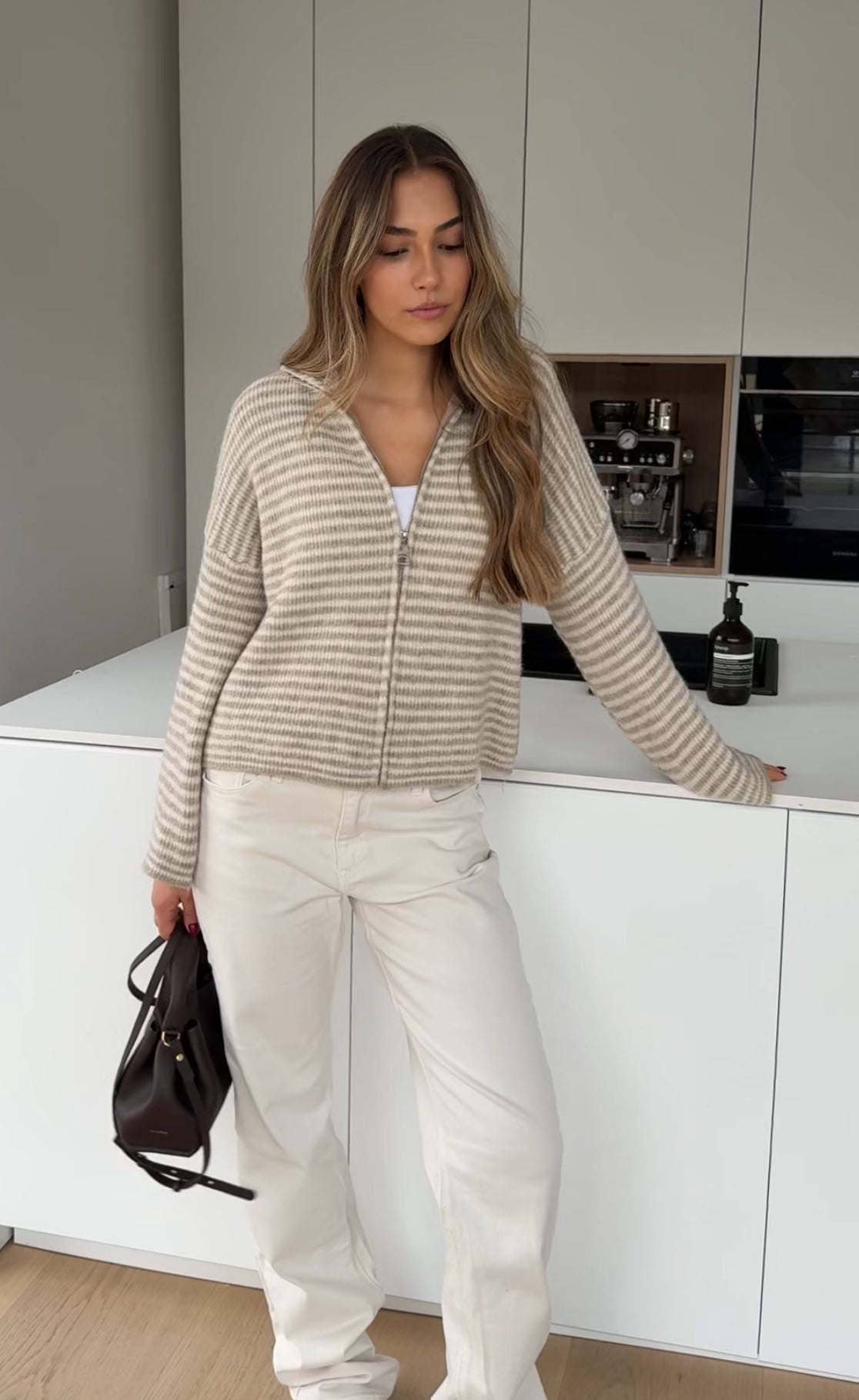 STRIPED ZIP KNIT CARDIGAN CREAM