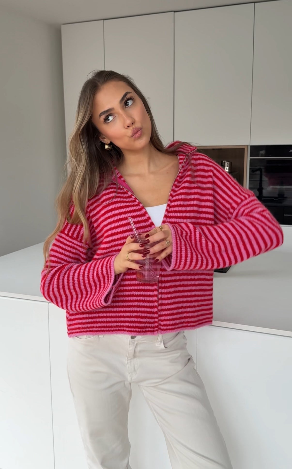 STRIPED ZIP KNIT CARDIGAN CHERRY