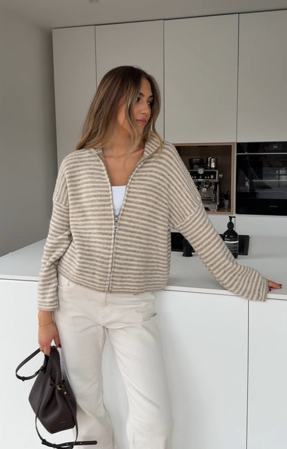 STRIPED ZIP KNIT CARDIGAN CREAM