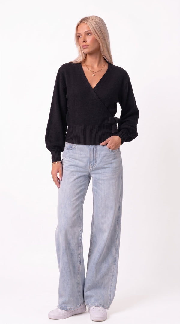 Wickelbluse mit Ballonärmeln - Schwarz