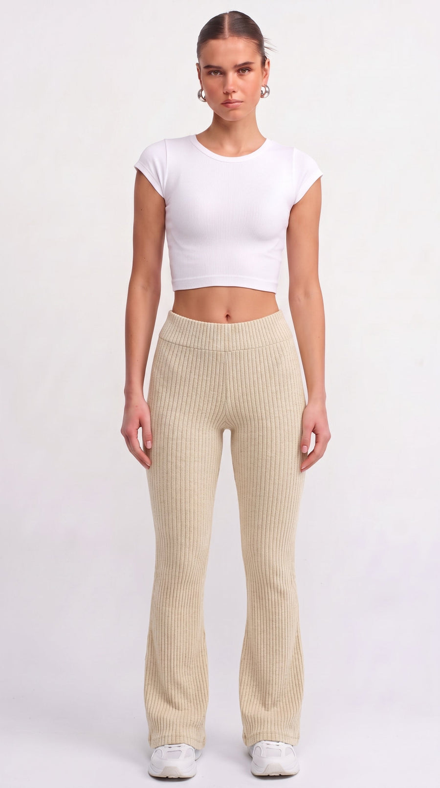 Gerippte Strick-Schlaghose - Creme