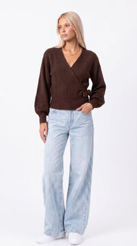 Wickelbluse mit Ballonärmeln - Braun