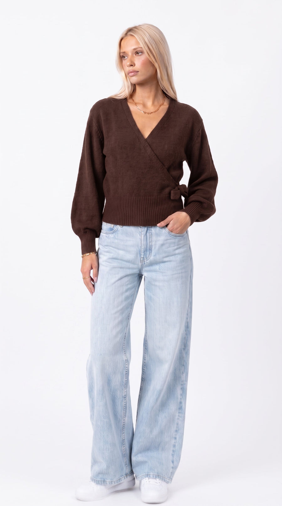 Wickelbluse mit Ballonärmeln - Braun