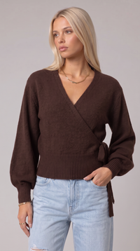 Wickelbluse mit Ballonärmeln - Braun