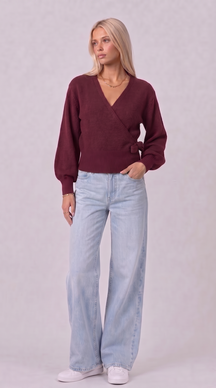 Wickelbluse mit Ballonärmeln - Burgund